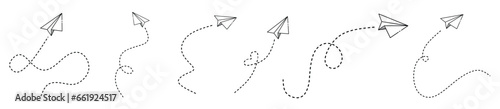paper plane with dotted line trail trace icon, Vector paper airplane. Outline flying planes with dotted track direction. Black linear paper plane icon