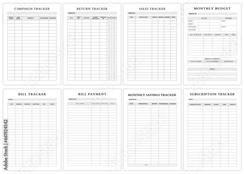 Minimalist planner pages templates. Mileage Tracker,Campaign Tracker,Return Tracker,Sales Tracker,Monthly Budget,Bill Tracker,bill Payment,Monthly Savings Tracker,
