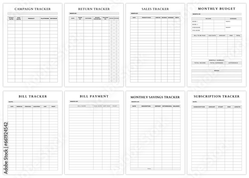 Minimalist planner pages templates. Mileage Tracker,Campaign Tracker,Return Tracker,Sales Tracker,Monthly Budget,Bill Tracker,bill Payment,Monthly Savings Tracker, 