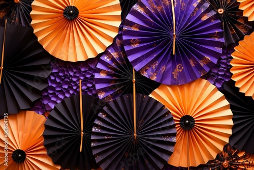 Halloween-themed paper fans in black, orange, and purple. Spooky, colorful layered background with golden cobwebs and spiders. Generative AI