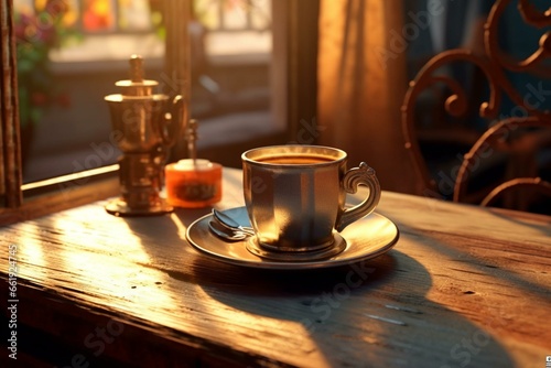 An ideal cup of coffee resting on a charming table. Generative AI