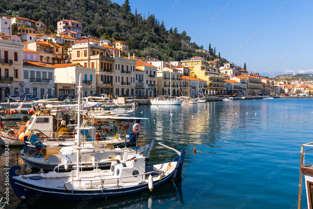 Githion, Greece - 12 February 2023 - Fishing boats wainting to sail out in the harbour of town