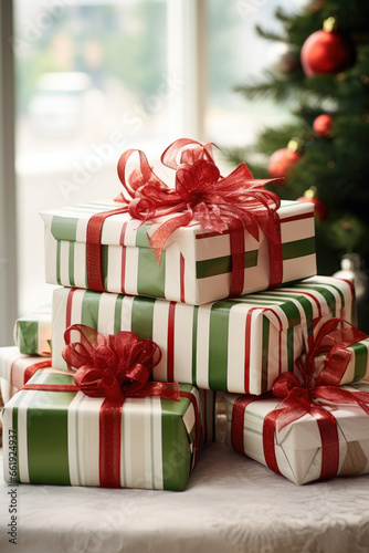 Beautifully wrapped gifts with bows and other christmas decorations on the mantle for the holiday season