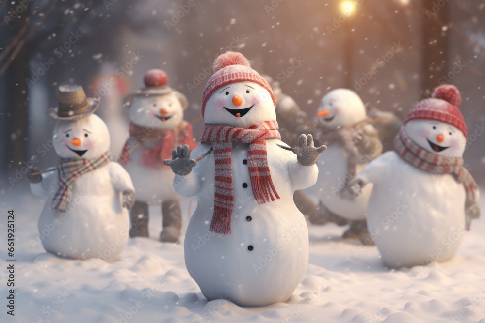 Obraz premium Snowmen engaged in funny activities. Making for a charming and amusing scene. Generative Ai