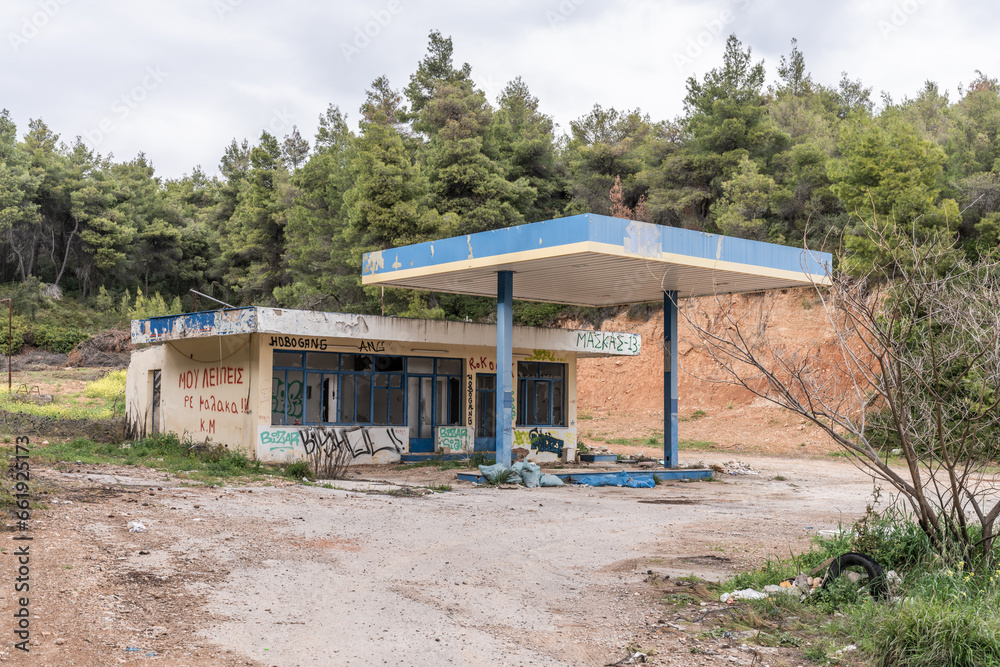 Evia, Greece - 11 March 2023 -Deserted gasstation on the island of Evia Evia, Greece - 11 March 2023 -Deserted gasstation on the island of Evia