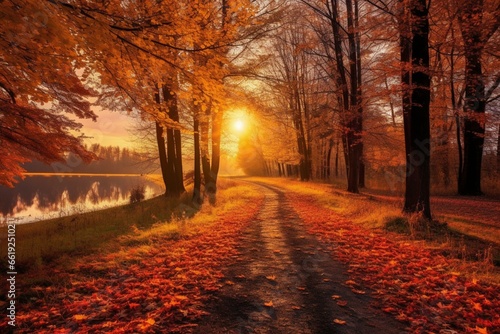 A beautiful autumn road with colorful leaves  shining sun  and a pleasant breeze. Generative AI