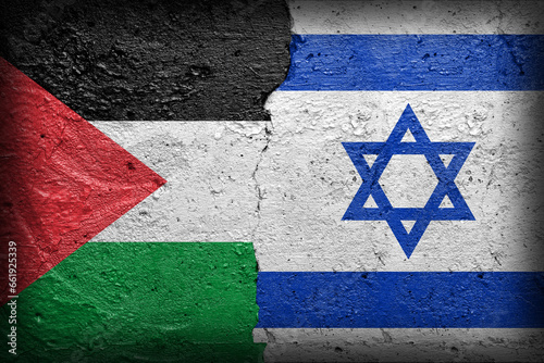 Palestina and Israel flag on broken concrete wall background