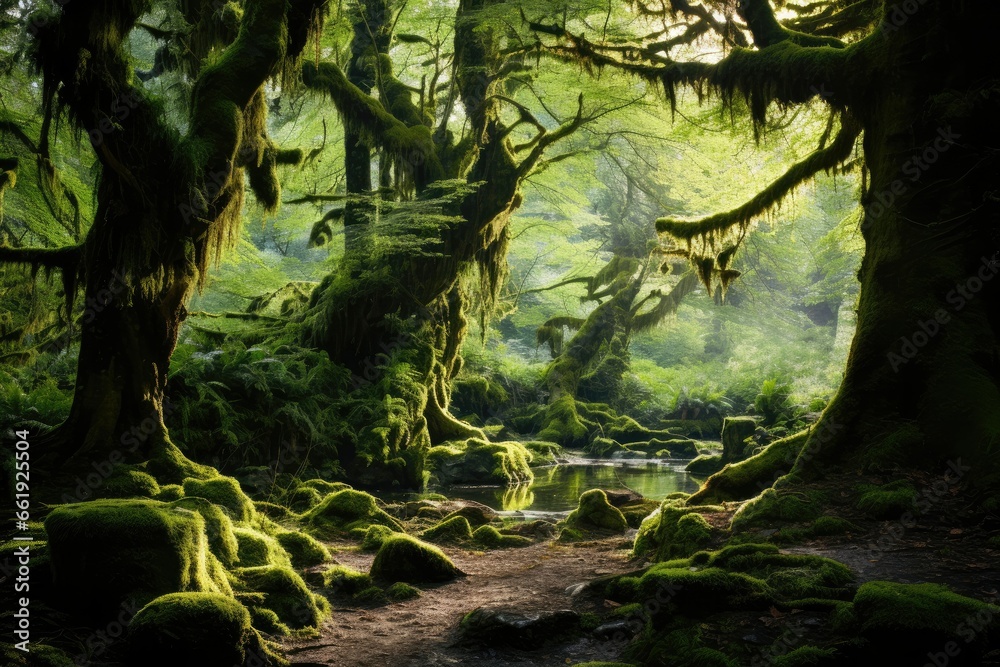 An ancient forest, towering trees intertwined with vines, where dappled sunlight creates a mystical ambiance among mossy rocks and fern-covered ground