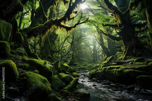 An ancient forest, towering trees intertwined with vines, where dappled sunlight creates a mystical ambiance among mossy rocks and fern-covered ground