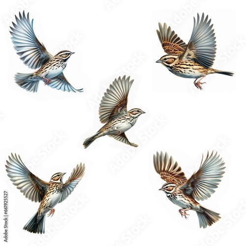 A set of male and female Lark Sparrows flying isolated on a white background © DLW Designs