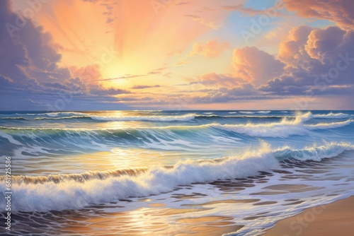 An ultra-realistic portrayal of a serene beach at sunrise, capturing the gentle waves, soft sands, and vibrant colors in the sky, conveying tranquility and warmth.