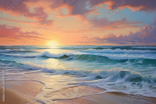 An ultra-realistic portrayal of a serene beach at sunrise  capturing the gentle waves  soft sands  and vibrant colors in the sky  conveying tranquility and warmth.