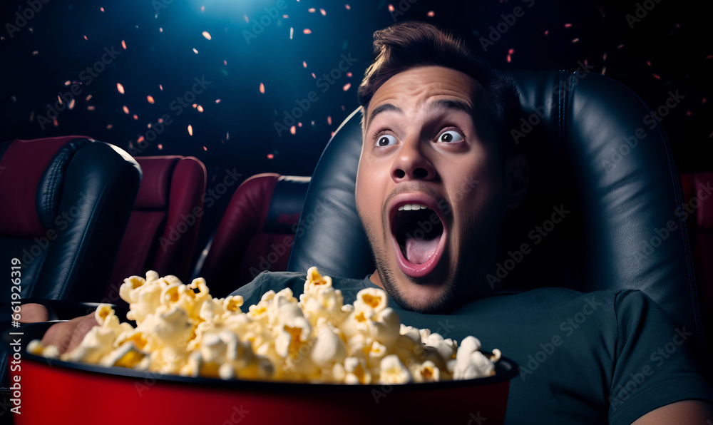 Portrait of a person with a shocked or scared expression watching a film in a cinema