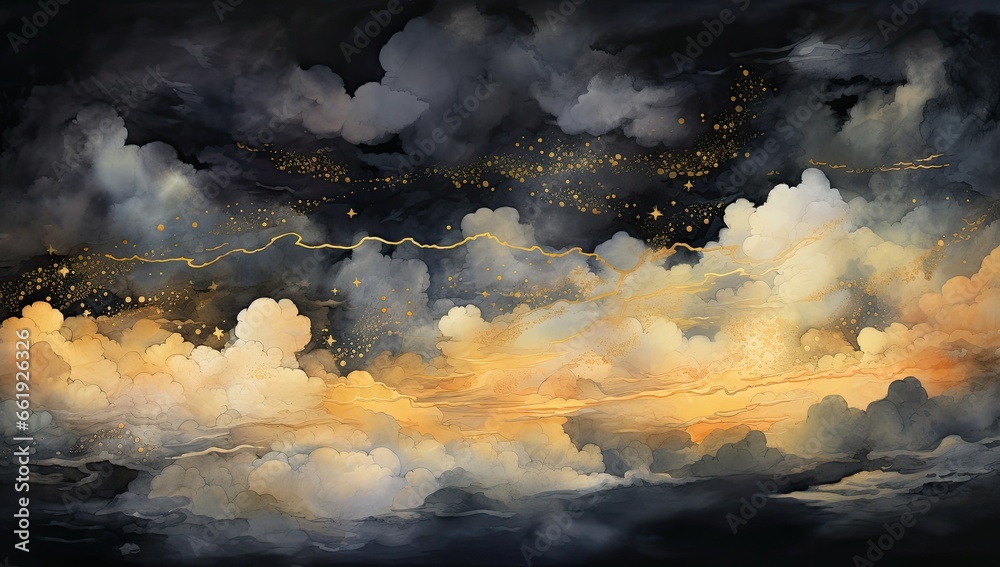 Golden and black night sky painting with the moon, stars and clouds in different shades.	