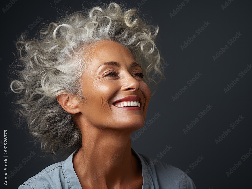 An adult woman with smooth healthy facial skin. Beautiful aging mature woman with gray hair and happy smiling face. An adult woman with smooth healthy facial skin. Beautiful aging mature woman with gray hair and happy smiling face.