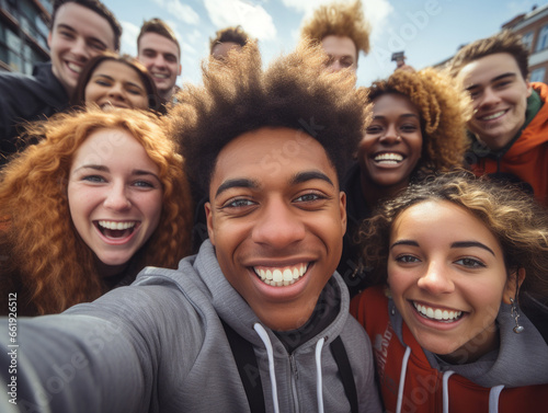 A group of international friends taking a selfie. 