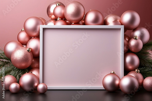 Merry christmas and happy new year background with center copy space for text. Pink color empty frame with christmas ornaments and decorations. Suitable for christmas wishes, cards, new year greeting