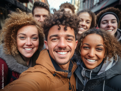 Group of happy international friends taking a selfie. 