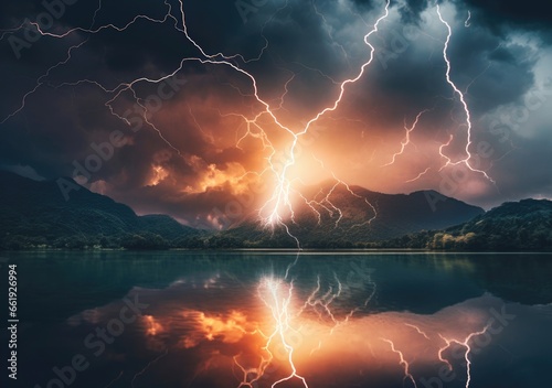 "Bolts Across Serenity: Lightning Storm Over a Tranquil Lake" Generativ ai.