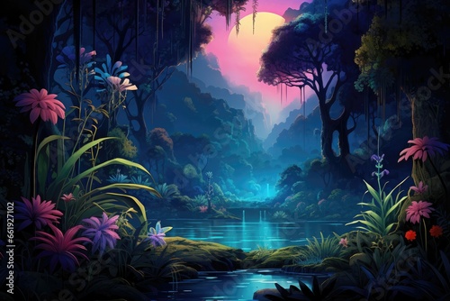 incredibly lifelike image of a lush rainforest, teeming with diverse flora and fauna, bathed in the soft glow of twilight.