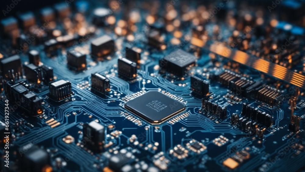 Circuit Board Background With Blue Electronics. Generative Ai Circuit Board Background With Blue Electronics. Generative Ai