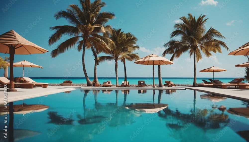 Luxurious swimming pool with loungers umbrellas near beach and sea under blue sky with palm trees