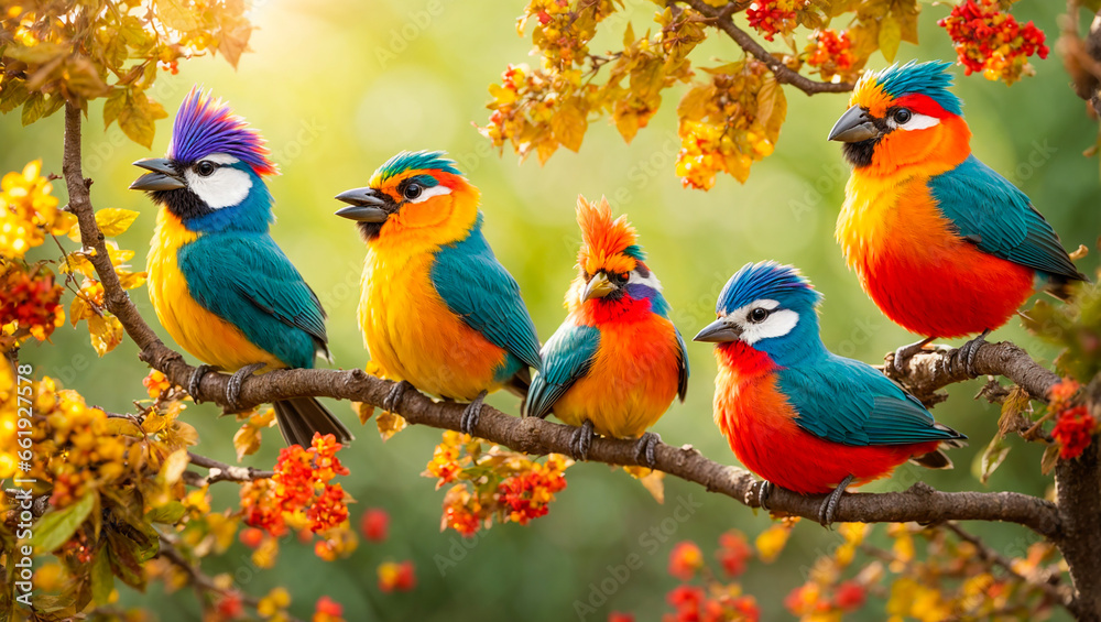 Cute funny tropical birds on a branch, leaves, flowers - obrazy, fototapety, plakaty 