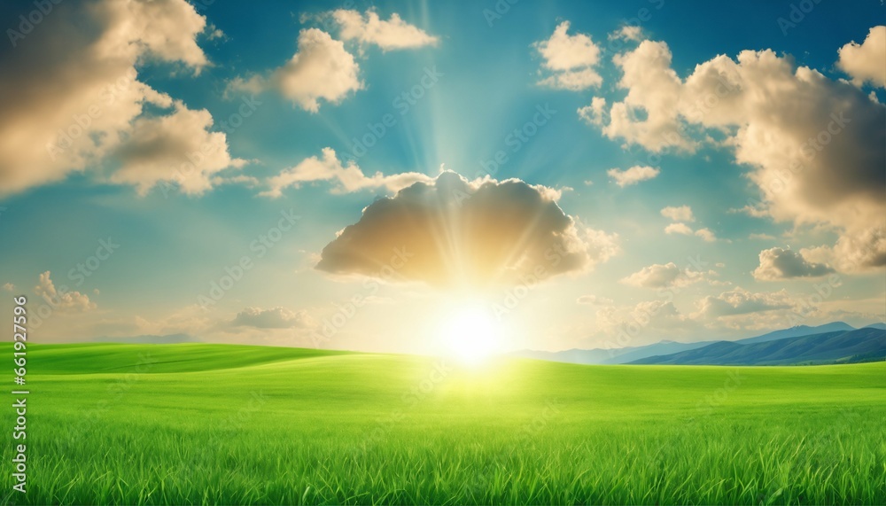 Spring summer background featuring beautiful panoramic natural landscape of green field with grass against blue sky with sun