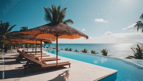 Luxurious swimming pool with loungers umbrellas near beach and sea under blue sky with palm trees