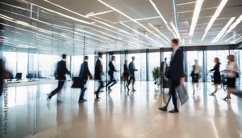 Modern office building conference room with blurred business people meeting