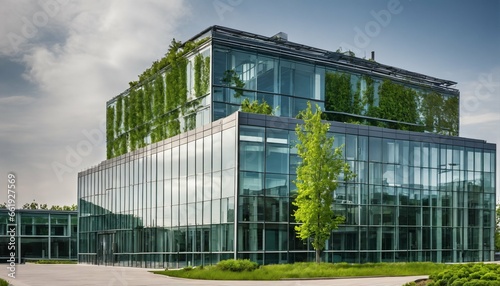 Eco-friendly glass office featuring sustainable building with green environment and trees