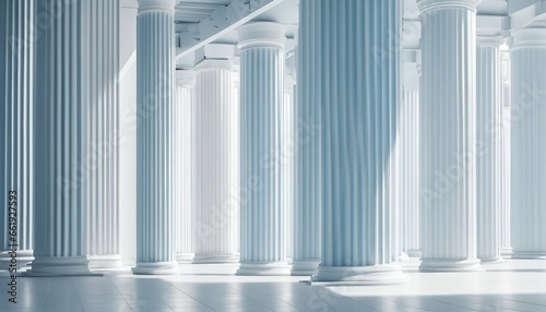 White and light blue architectural background banner featuring tilted columns, beautiful airy minimalistic design photo