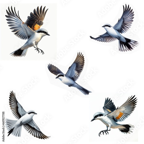 A set of male and female Loggerhead Shrikes flying isolated on a white background © Shoofly 3D
