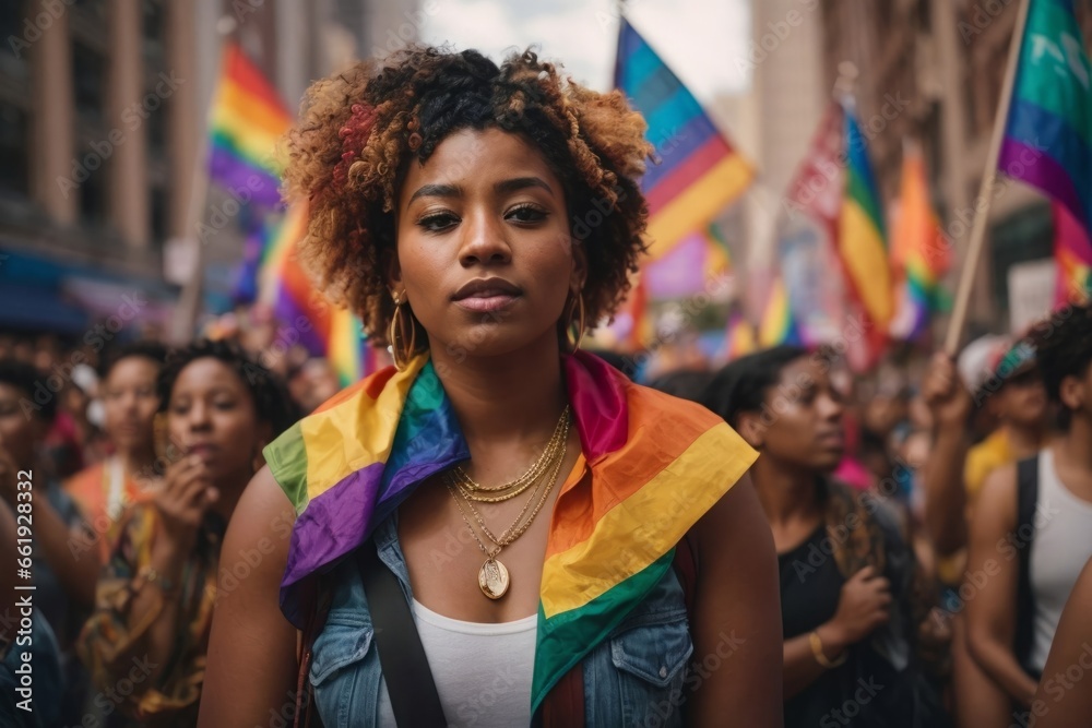 Obraz premium A supporter for LGBTQ Rainbow Flag on her shoulders in a protest