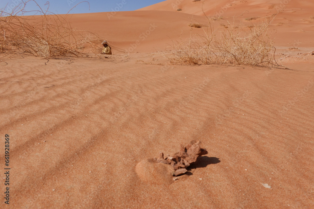 Obraz premium In the foreground the desert rose on the red sand, in the background an Omani man and the dunes.