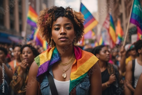 A supporter for LGBTQ Rainbow Flag on her shoulders in a protest 