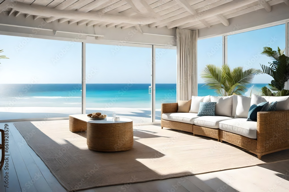 A beach house living room with white-washed walls, rattan furniture, and a view of the ocean.