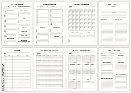 Minimalist planner pages templates. Daily Planner,Weekly Planner,Monthly Planner,Goal Tracker,Sign Up,Social Media Planner,Weekly Spending Log,Daily Check-in,