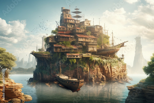 Fantasy landscape with old wooden houses on the cliff. 3d rendering