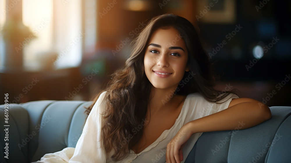 HISPANIC YOUNG WOMAN IN A RELAXED POSE RESTING ON A COMFORTABLE SOFA. HORIZONTAL IMAGE. image created by legal AI HISPANIC YOUNG WOMAN IN A RELAXED POSE RESTING ON A COMFORTABLE SOFA. HORIZONTAL IMAGE. image created by legal AI