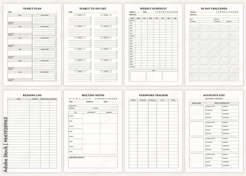 Minimalist planner pages templates. Yearly Plan,Yearly To-Do List,Weekly Scheduly,30 Day Challenge,Reading Log,Meeting Notes,Password Tracker,Accounts List, Minimalist planner pages templates. Yearly Plan,Yearly To-Do List,Weekly Scheduly,30 Day Challenge,Reading Log,Meeting Notes,Password Tracker,Accounts List,