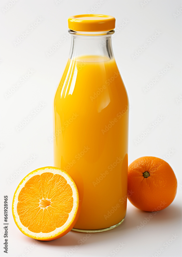 Orange juice in a clear bottle. There are oranges and oranges that have been cut open to reveal the flesh inside. Orange juice in a clear bottle. There are oranges and oranges that have been cut open to reveal the flesh inside.