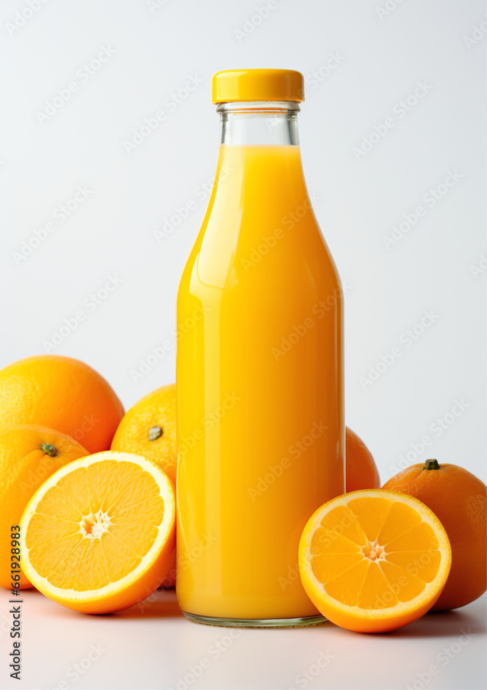 Orange juice in a clear bottle. There are oranges and oranges that have been cut open to reveal the flesh inside. Orange juice in a clear bottle. There are oranges and oranges that have been cut open to reveal the flesh inside.