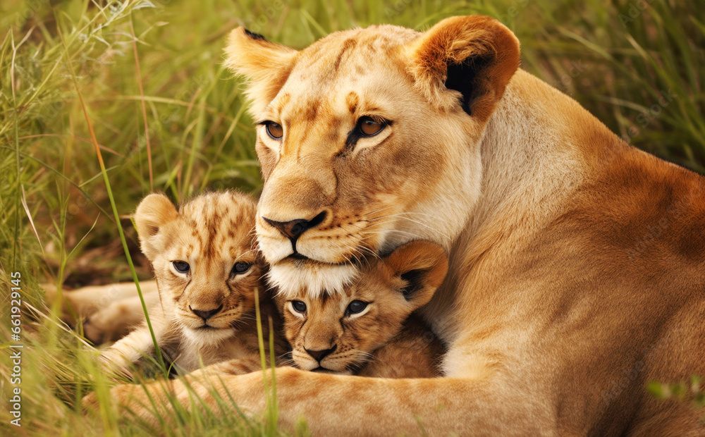 Close up of a female lion with two cubs Close up of a female lion with two cubs