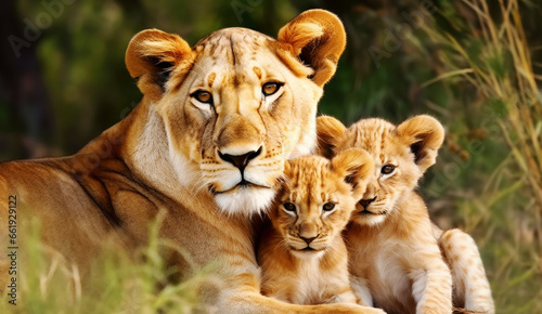 Portrait of a female lion with two cubs