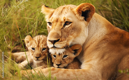 Close up of a female lion with two cubs