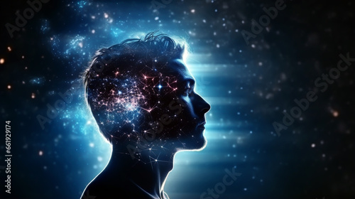 A MAN MEDITATES, FANTASIZES AGAINST THE BACKGROUND OF THE STARRY SKY. image created by legal AI