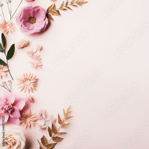 A dreamy top-view flat lay featuring a delicate arrangement of flowers on a gentle  light background  crafting a serene and inviting space for text or focal elements in the empty area.