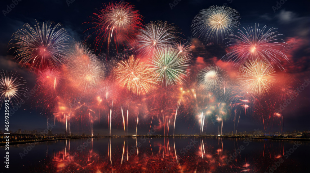 Obraz premium Vibrant fireworks in various colors adorn the night sky, suitable for the New Year and other celebrations