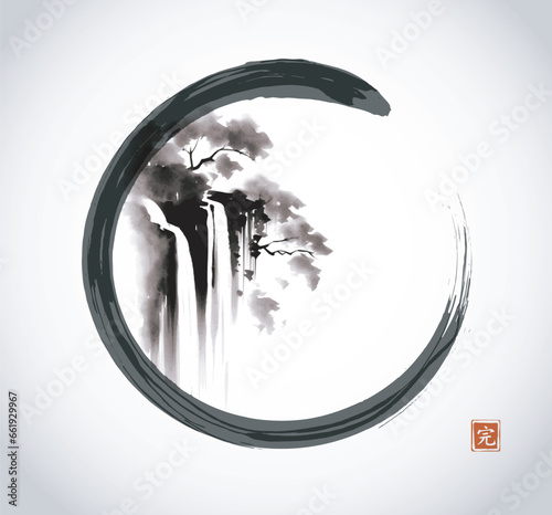 Ink painting of forest waterfall in black enso zen circle. Traditional oriental ink painting sumi-e, u-sin, go-hua. Translation of hieroglyph - perfection